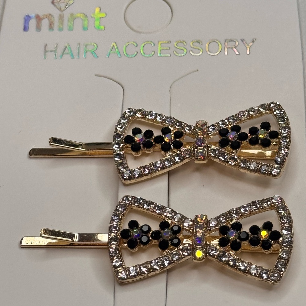 Mint Gold and Black Bow Shape Hair Clips Sparkling Accessories